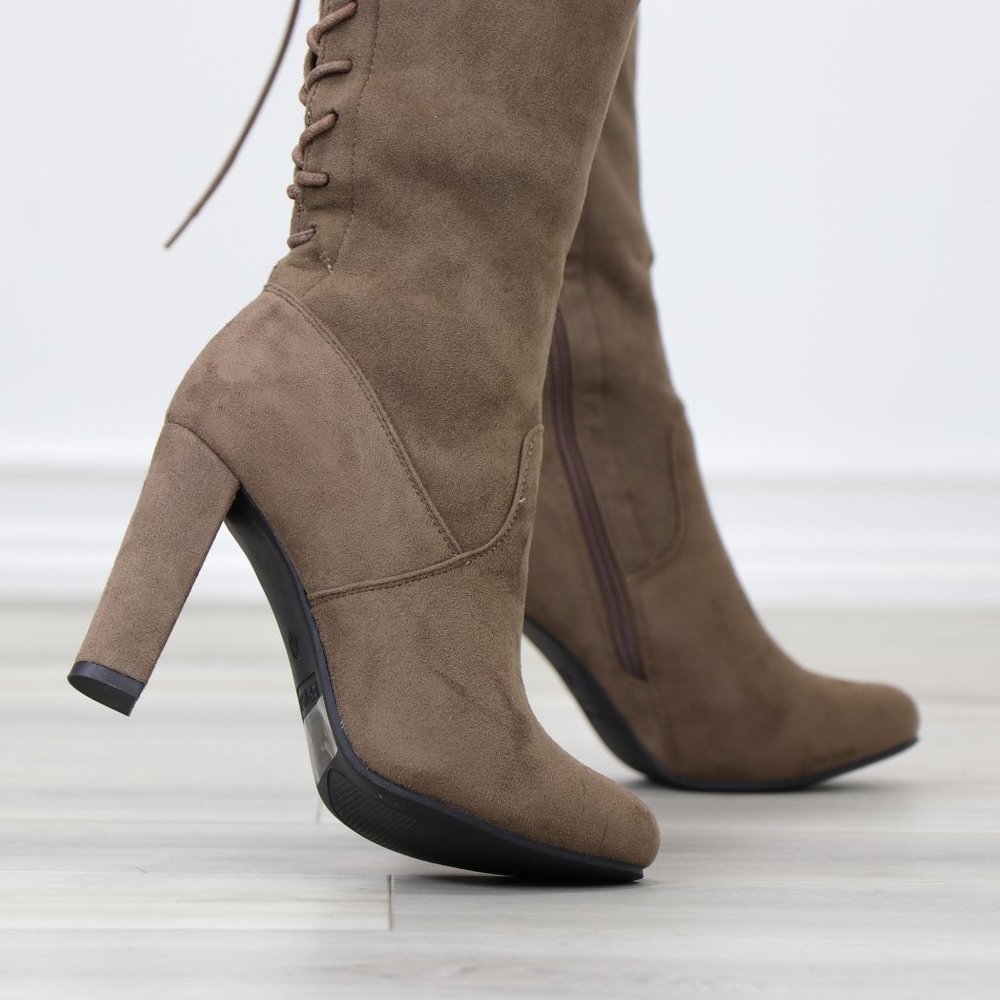 Taupe Suede Thigh High Boots Over The Knee Block High Heel With Lace Up Back - Picture 6 of 14
